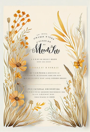 beautiful, intricate, sharp focus,wedding invitation, light yellow, tan, and light orange flowers, boho wedding invitation, dried grasses, show entire invitation, no border, clipart, on white background, flat lay, extreme detail, wedding invitation,