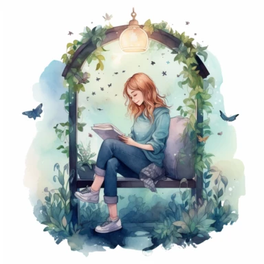 Create One clipart inspired by woman sitting on bench reading book: The clipart exudes a cozy ambiance, with a sense of warmth and tranquility. It invites viewers to imagine themselves wandering through this magical nature, discovering its secrets and encountering fantastical creatures.cozzy watercolor style. in 4K. so it can be used in fantasy books. beautifull coloring
