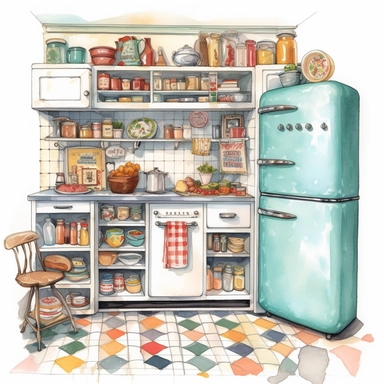 watercolor, hyper realistic, white background, white margins, 16k, ultra detailed clipart, cut out image, hand-drawn a vintage kitchen with a colorful vintage fridge, a checkerboard floor, and a collection of vintage cookbooks. The color theme could be bright and bold colors like turquoise, red, and yellow.
