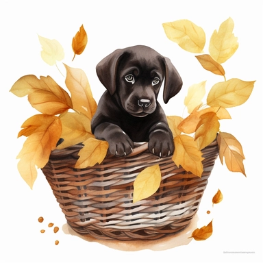 black yellow and chocolate labrador retriever puppy in basket with leaves, watercolor illustration, clipart, full body, hyper-realistic animal illustration, childlike, free brushwork, white background
