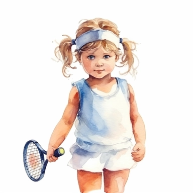 tennis little girl playing on the court, tied hair, headband,watercolor, illustration, clipart, solid white background,
