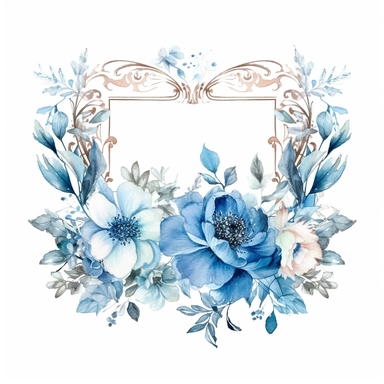 Watercolour clipart of a flower thin rectangle frame in the middle, white and blue victorian theme , wedding theme, high quality of details, white background