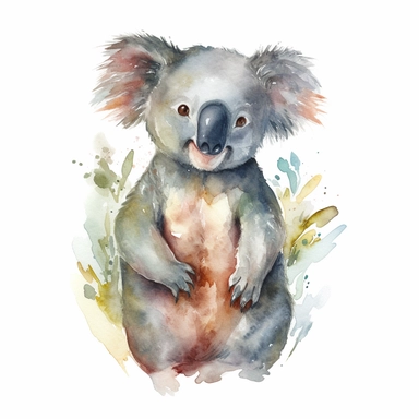 A Happy Koala smiling, standing up, watercolor painting, clipart, white background,