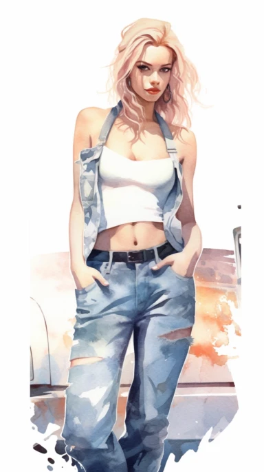 watercolor stylized clipart of a gorgeous norwegian woman bombshell in a white croptop and denim overalls, posing, epic light, chaotic,