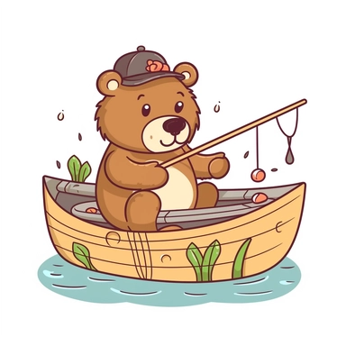 A cute cartoon bear fishing. He is in a boat. In the style of 2d clipart, thick outlines, white background ,--ar 4:3