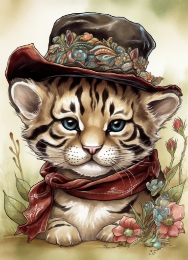 clipart,a cute little tiger in a field with a cowboy hat on its head and a bandana on its neck,in the style of jody bergsma, 32k uhd, hand-painted details, charming character illustrations, dark brown and light beige,red/green, aquarellist, hd , white bac
