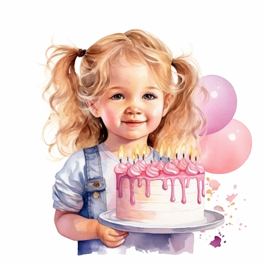 watercolor of a birthday child girl isolated on a white background, detailed ,realistic ,rtx on,textural richness,colorful imagery,digital illustration, clipart,