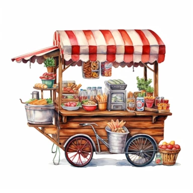 An enchanting watercolor, hyper - realistic clipart image with a white background and white margins, featuring a hot dog cart with a cheerful vendor serving up delicious hot dogs. The ultra - detailed, hand - drawn elements capture the intricate details of the cart and the vendor's attire. Use whimsical touches to add a sense of bustling street life, and bold shades of various colors to create a visually appealing and lively image.