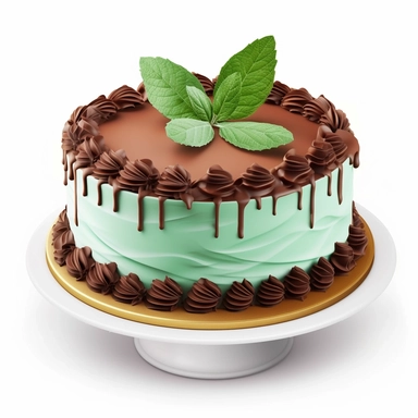 Create a clipart image of a chocolate mint birthday cake white background. Showcase a chocolate cake layered with mint-flavored buttercream frosting and garnished with chocolate mint leaves.