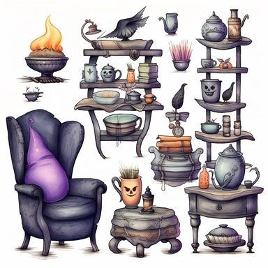 Cute witch furniture, ink and wash, watercolor Clipart, style by Lucy Fleming, watercolor, smooth gradients, black contour outline, ultra detailed, clipart elements, delicate pastel colors, solid white background, super clear, high quality