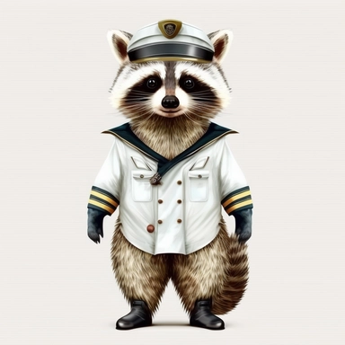 Stylish funny Raccoon in a white sea uniform, white uniform, white full body, colorful waterpaint Clipart, watercolor, high-quality illustration, professional raster graphic, white background, Studio Lighting, ultra-detailed, 8k