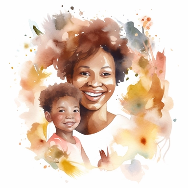 African American mother's day watercolor illustration, with her son, cute happy family, watercolor clipart, watercolor splashes, cartoon style, white background
