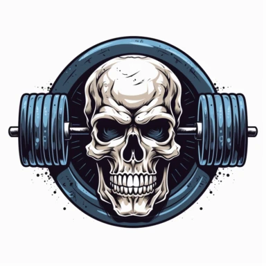 Skull with barbell behind with weights on it, clipart, contour