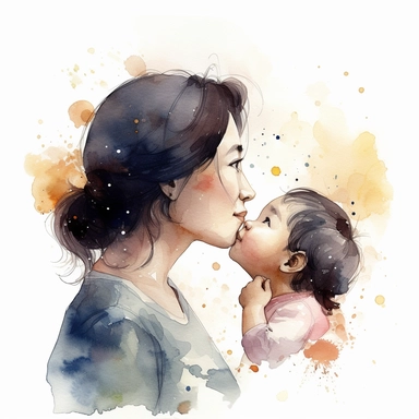 imagine watercolor, asian mother, happy, kissing child on forehead, clipart hd, profile shot, dreamy, on white background, portrait, spaced out