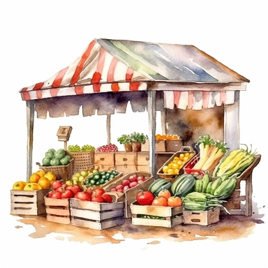 watercolor colorful clipart of a bountiful farmer's market, hd, on white background
