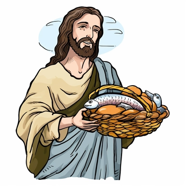Jesus Christ holind a basket filled bread and fish clipart