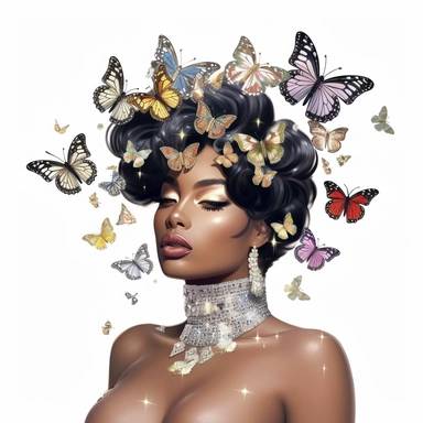 ???????? African American baddie, fashion icon, sublime, full glam, gems, diamonds, butterflies, clipart, white background, ar 9:16