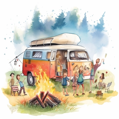 A delightful vanlife and campfire clipart featuring a charming vintage camper van nestled in a lush green meadow, with smoke rising from the campfire in front of it, wisps of smoke forming playful shapes in the air, a group of friends gathered around the fire, roasting marshmallows on sticks, their faces filled with joy and laughter, Illustration, Digital artwork, watercolor on paper, contrasting plain background for clear background separation