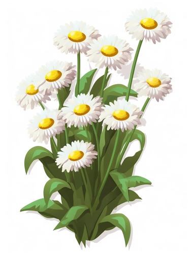 Isometric Sticker Clip Art of daisy flowers, Bellis perennis, long stem, children friendly, illustrated in a playful and realistic style, perfect for any special occasion, cut out in the shape of daisy flowers, with no visible background, giving it the appearance of a sticker, conveying a mystical and whimsical mood, edited with Adobe Photoshop to adjust brightness and contrast, rendered as a transparent PNG file with a high resolution to ensure a crisp and clear image with no pixelation, suitab