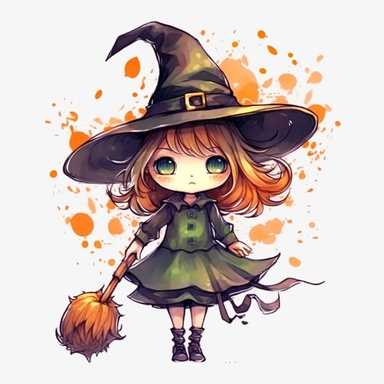 Cartoon Witch Clipart, with white Background, 8K, watercolor, HD,