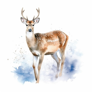 christmas mood, brown deer walking on a snow, clipart style, watercolor technique, super high quality, professional watercolor clipart, high resolution, isolated white background, 8k, pastel blue colors
