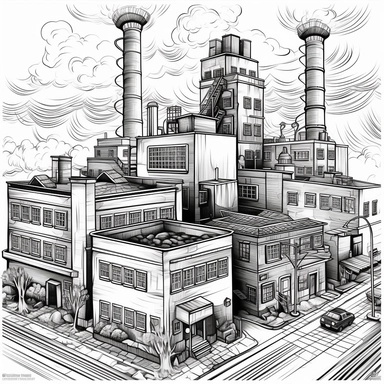 hand drawn community, vector illustration, clip art, coloring book style, poor, power plant, urban, apartments, v5 - @vrnaturelab (fast)