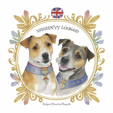 Pastel watercolour clipart svg white background of 2 smiling happy Jack Russell terrier dogs. 1st dog is brown an black fur the 2nd is light brown both are smiling, both wearing a large gold King crown on heads, place each dog face in thick shinny gold ornate frame made from gold leaves, both dogs are wearing a colourful vibrant red an blue union jack dog collar, a personlised banner at the bottom to write someone's name on.