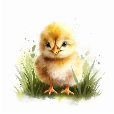 cute, baby chicken on grass, vector illustration, watercolor, clipart, detailed, white background