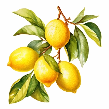 Watercolor clipart vibrant big branch with lush green leaves , The watercolor medium beautifully captures the essence of lemons, with their bright yellow hues blending seamlessly into subtle gradients, creating a sense of depth and texture. The delicate brushstrokes bring out the natural curves and contours of the lemons, while the leaves add a touch of organic elegance to the composition. These watercolor lemons with leaves are perfect for adding a splash of zest and vibrancy to your creative p