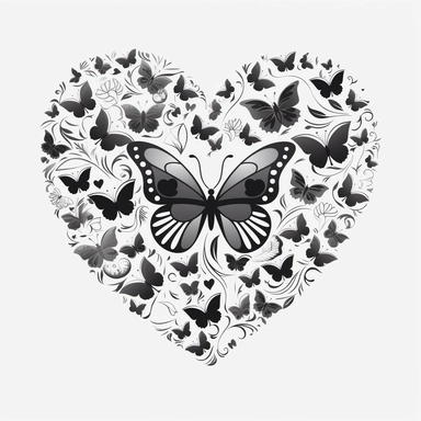 butterfly hearts free vector, transparent clipart, in the style of minimalist black and white drawings, fernando amorsolo, murals and wall drawings, eye-catching detail, sgrafitto, whimsical animals, georg jensen