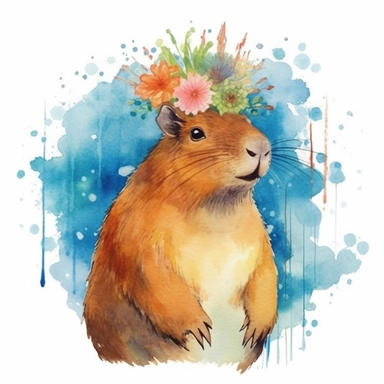 watercolour clipart of a capybara animal , the sweet and scatterbrained dreamer, with a great sense of humor. She immerses herself in the world of digital design, creating exquisite papers for scrapbook albums. Though she may often forget things, her delicate touch and gentle nature shine through her artistry, make her smile and exalted mood, white background, high quality, 8k, f1