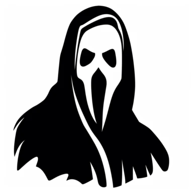 Black and white silhouette of an ghostface icon from movie, clipart style, white background, thick lines, vector, simple design, flat colour, solid colour, halloweencore