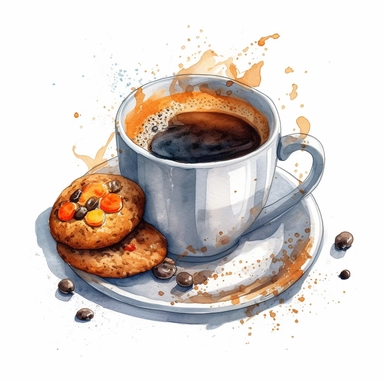 png clipart on a white background of a mesmerizing watercolor clear-lined illustration. The composition is central with a clear outline using bold and saturated complementary colors. the illustration is realistic and detailed depicting a cup of breakfast coffee with a cookie