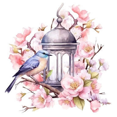 clipart, isolated on white background, beautiful cute Watercolor Spring bird Feeder, flowers and branches and leaves, ornated, pastel colors