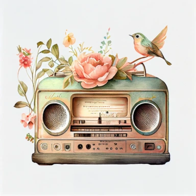 Vintage old radio ( a little floral, bird on radio) pastel watercolor clipart