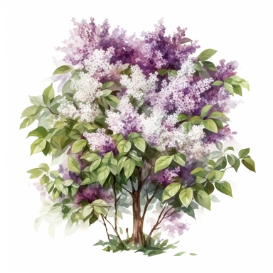 lilac bush with white and purple flowers, a full lush tall bush with many green leaves, watercolor clipart, bright colors, isolated white background, 8k