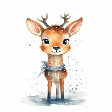watercolor small cute christmas deer clipart with margins, digital watercolor, for children’s book, design lovely style, cartoon funny, simple watercolor, white clean background