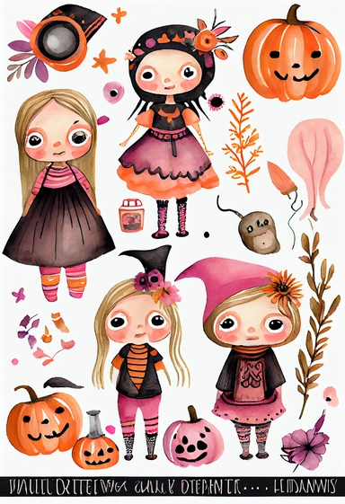 a pretty boho fun art collection on a white background with margins, pink orange and black kiddy Halloween charactors, watercolor, clipart,