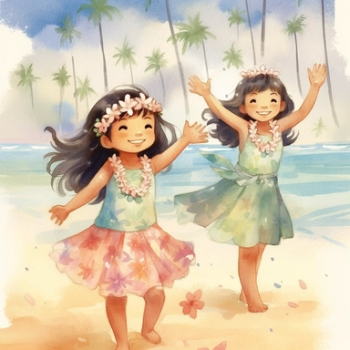watercolour, beautiful soft colours, tropical island setting, showcase an adorable little Hawaiian girl doing the hula on the beach with her family, she feeling is happy, celebration, they are all wearing flowers in their hair, beautiful clipart style