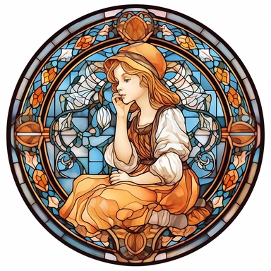 Vintage Cute Beautiful Round Stained Glass girl Sublimation Clipart, Cartoon, hyper realistic, intricate detail, illustration style, high solution, on the white background