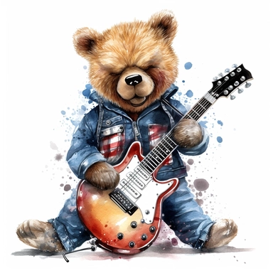 a watercolor of a realistic teddy bear, with a quitar, rock band style, vector free clipart illustration, in the style of unreal engine 5, 32k uhd, detailed features, white background