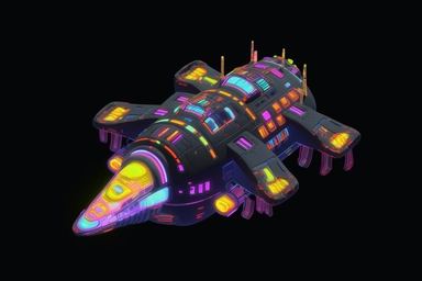 isometric game sprite, clipart, futuristic family spaceship concept, gaming asset, sci-fi, fun, creative, cartoon render, hyper-detailed, bright colors, black background, inspired by one random famous product designer, inspired by one random famous sci-fi movie, inspired by one famous architect, inspired by one random famous artist, inspired by one famous architect