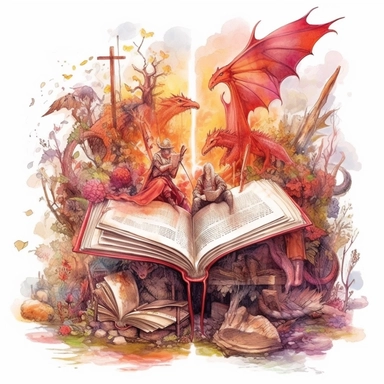 fantasy scene coming out of an open book, elves, orcs, dragons, magical, watercolors, Clipart, pastel red color theme, intricate and detailed