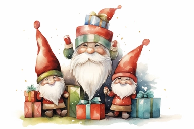 three brown skin christmas gnomes sitting on stacked christmas presents in front of a big christmas tree, watercolor clip art