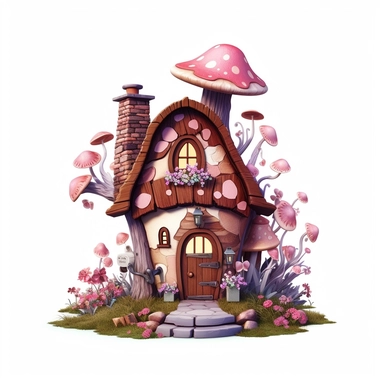 clipart, shades of pink and brown fairy house isolated on a white background, vector, pastel colors, realistic, 3D, no shadows
