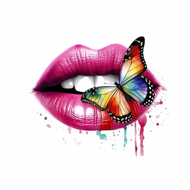 Cute Beautiful Fantasy Colorful Lip And Butterfly Watercolor Sublimation Clipart,Cartoon,hyper realistic, intricate detail, illustration style,high solution,on the white background
