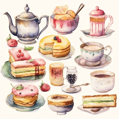 Watercolor vintage tea party items, illustrations clipart set, simple, soft colors, cartoon elements, different variants, teapot, sugar bowl, bun, jug of milk, cake stand, scones, china cup and saucer, , napkin, clotted cream, , knife, fork, jam, slice of cake on plate, tea cups, stacked teacups, lemondish, butter and bisciuits, , tea jars, , separate elements with a margin