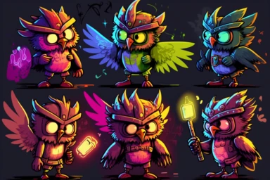 multiple clipart sheet, wise owl, neon in the style of skottie young, pixar character style