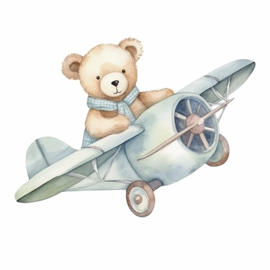 adorable light blue teddy bear flying an aeroplane, hand painted, watercolor, clipart, white background