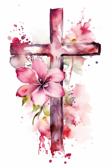 christian cross watercolor clipart, pink color, with flowers, hd, on white background, spaced out